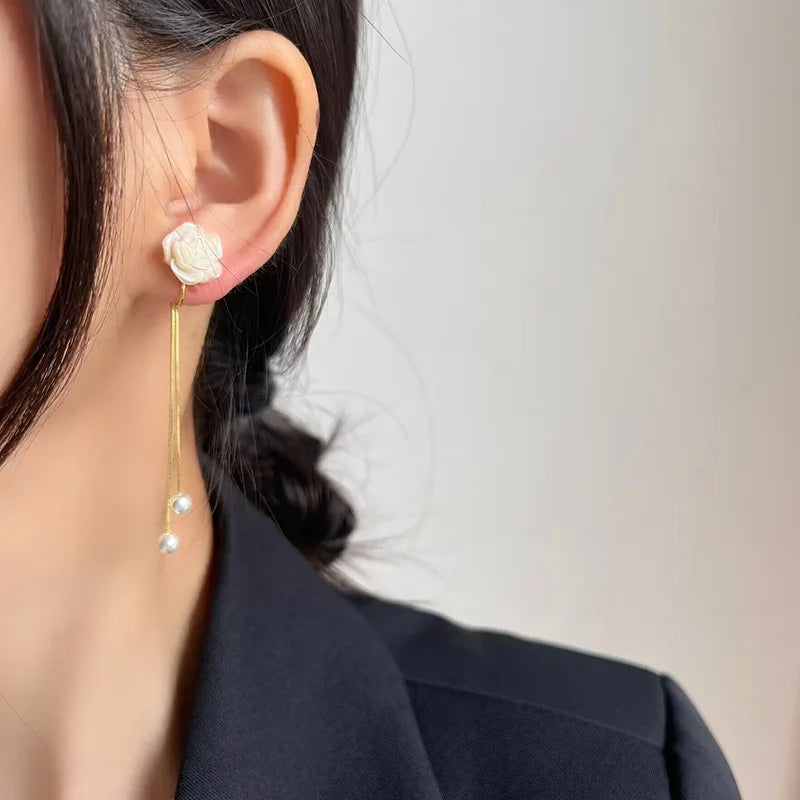 Elegant Rose Flower Pearl Tassel Alloy Chain Stud & Clip On No Piercing Long Drop Earrings