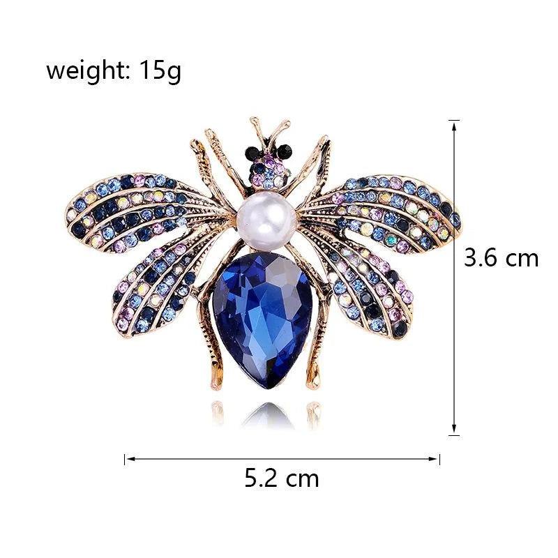 Luxury Bee Brooch With Rhinestones Faux Pearl Blue Crystal Alloy Insect Lapel Pin Corsage Suit Accessory