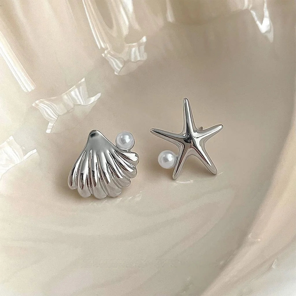 Ocean Series Asymmetric Starfish Shell Pearl Copper Stud Earrings Minimalist Chic Jewelry