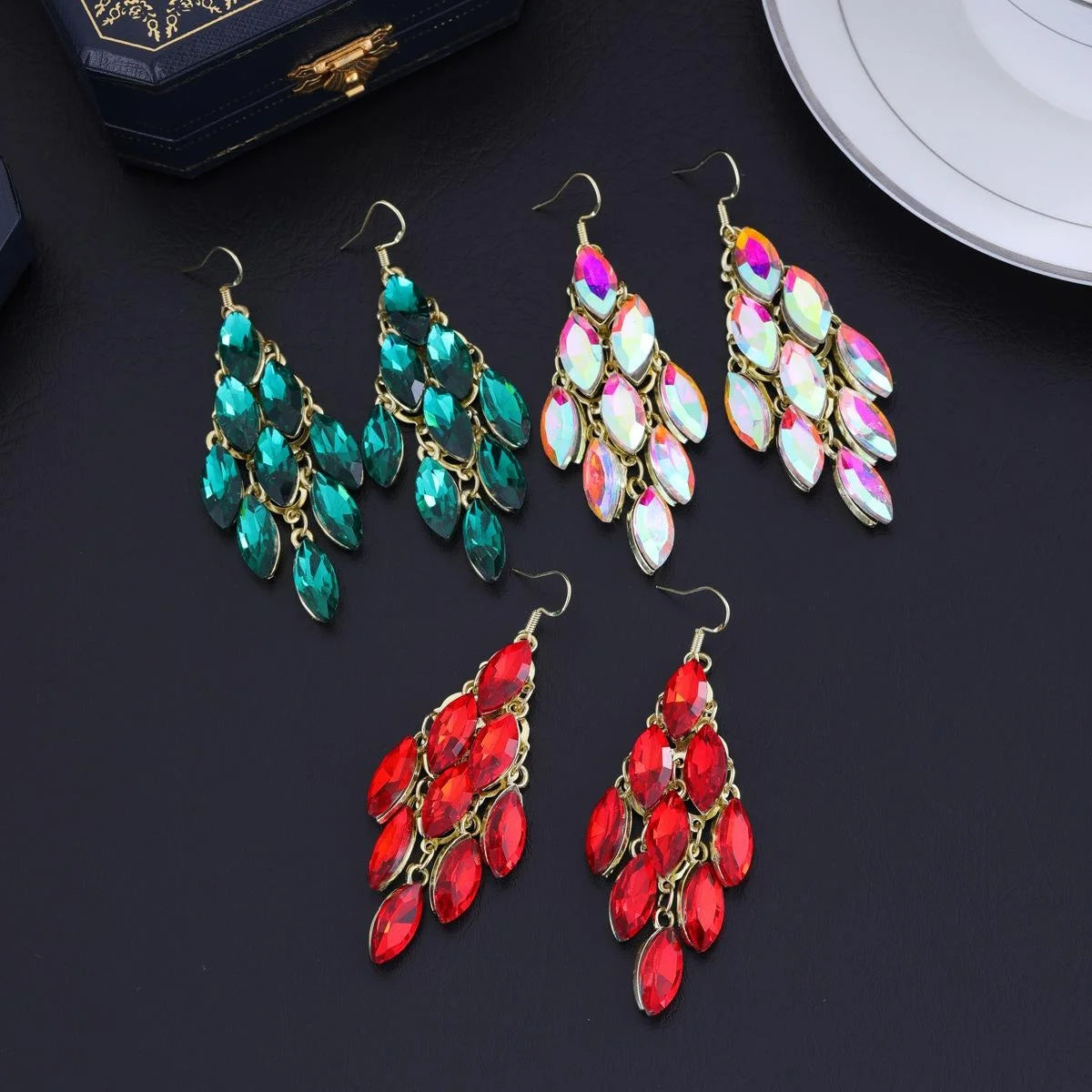 Luxury Emerald Green Marquise Crystal Tassel Chandelier Earrings, Gold Alloy Bridal Drops For Wedding Party