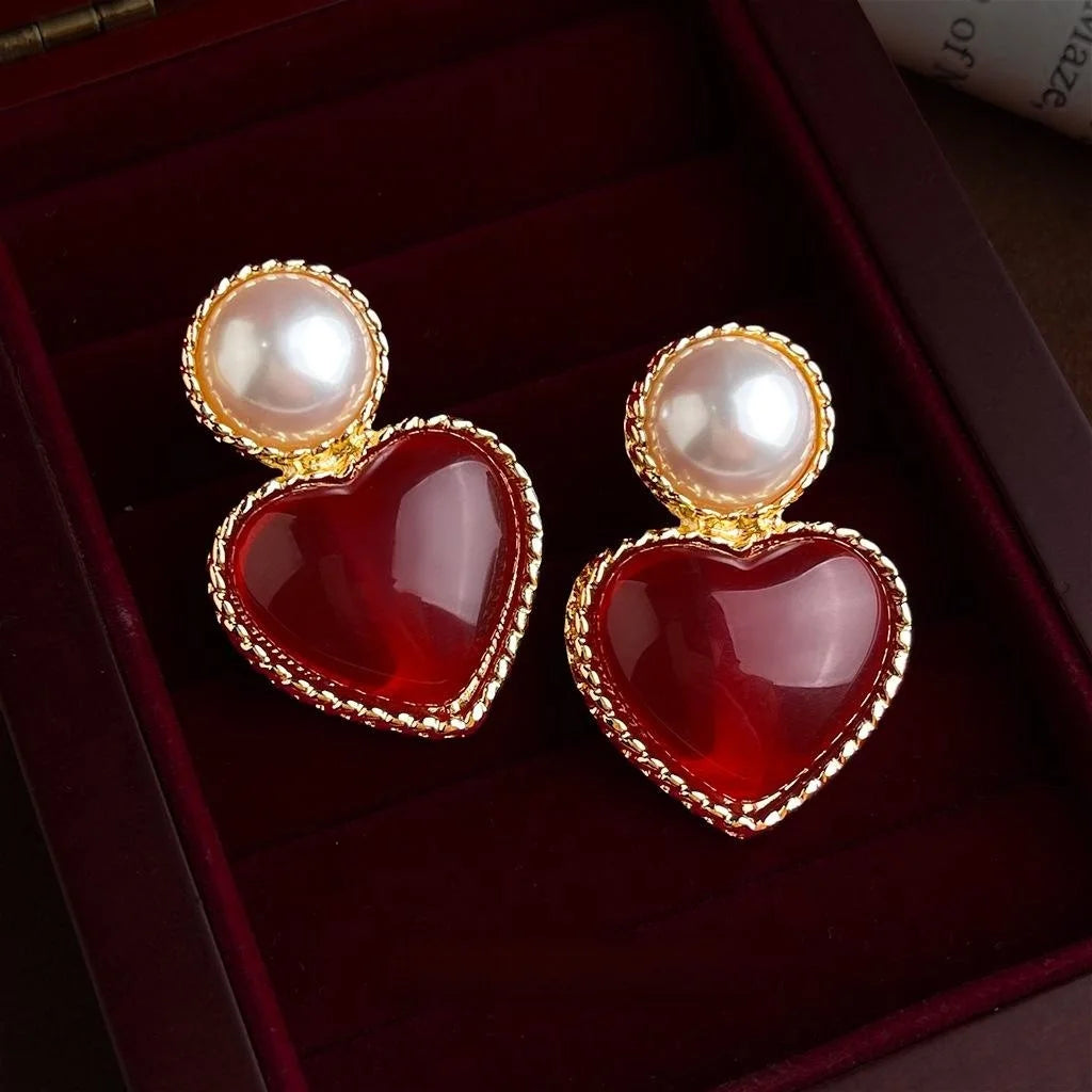 Vintage Burgundy Heart Drop Earrings Eco-Friendly Copper Oversized Retro Hong Kong Style Jewelry