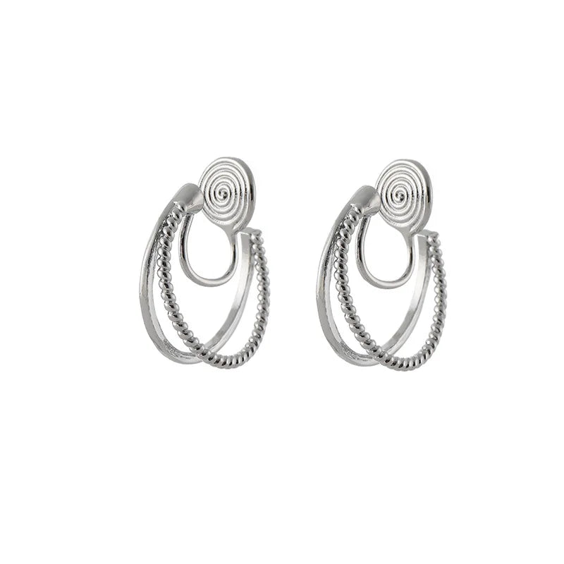 Vintage Double Hoop Spiral Alloy Stud & Clip On No Piercing Hong Kong Style Hoop Earrings