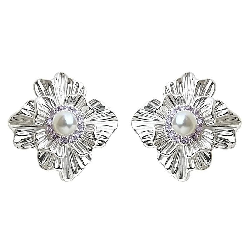 Silver Plated Copper Micro Pave Zircon 3D Flower Stud Earrings For Women New Chinese Style