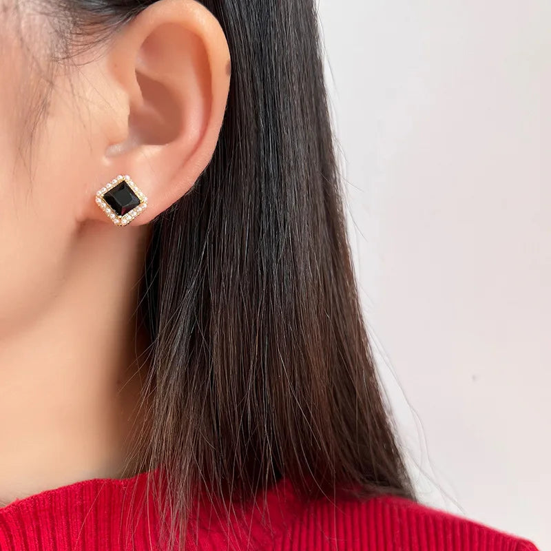 Vintage Black Square Crystal Pearl Stud & Clip On No Piercing French Luxury Alloy Earrings