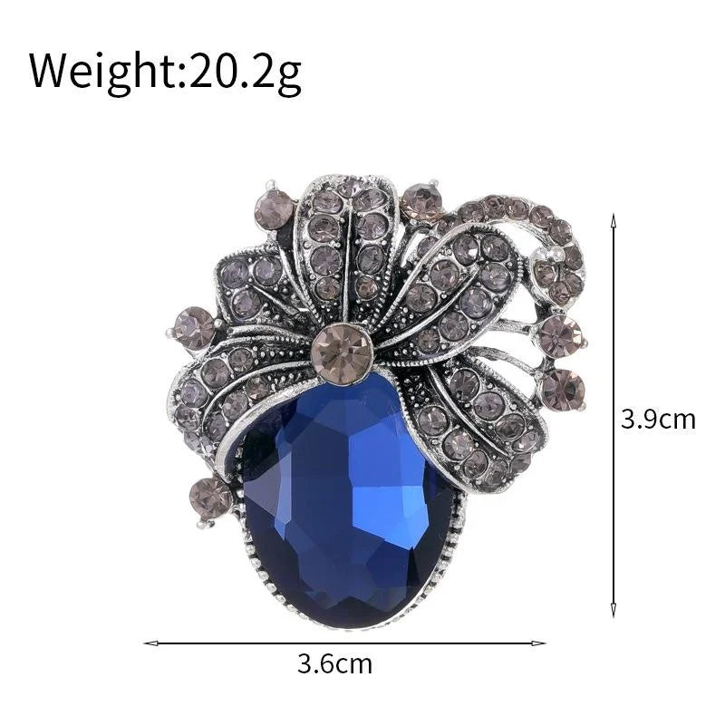 Vintage Bauhinia Flower Brooch With Blue Crystal And Rhinestones, Elegant Alloy Lapel Pin Gift