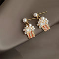 14K Gold Plated Copper Ice Cream Cartoon Pearl Zircon Drop Earrings Niche Designer Jewelry