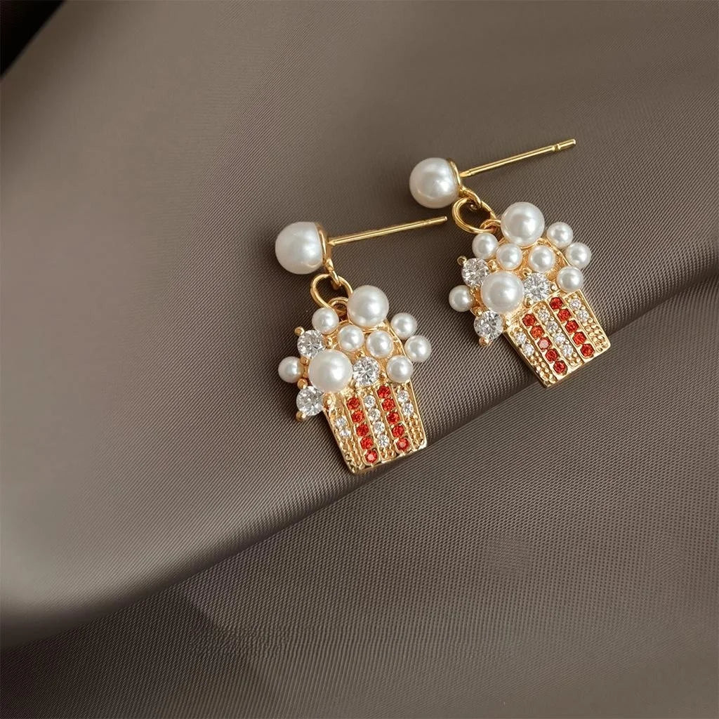14K Gold Plated Copper Ice Cream Cartoon Pearl Zircon Drop Earrings Niche Designer Jewelry