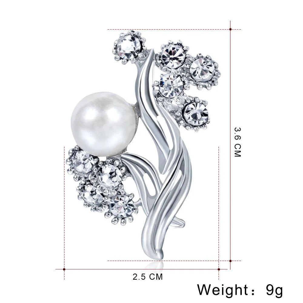 Elegant Pearl And Rhinestone Leaf Flower Alloy Brooch For Women, Luxury Lapel Pin Corsage Suit Accessory