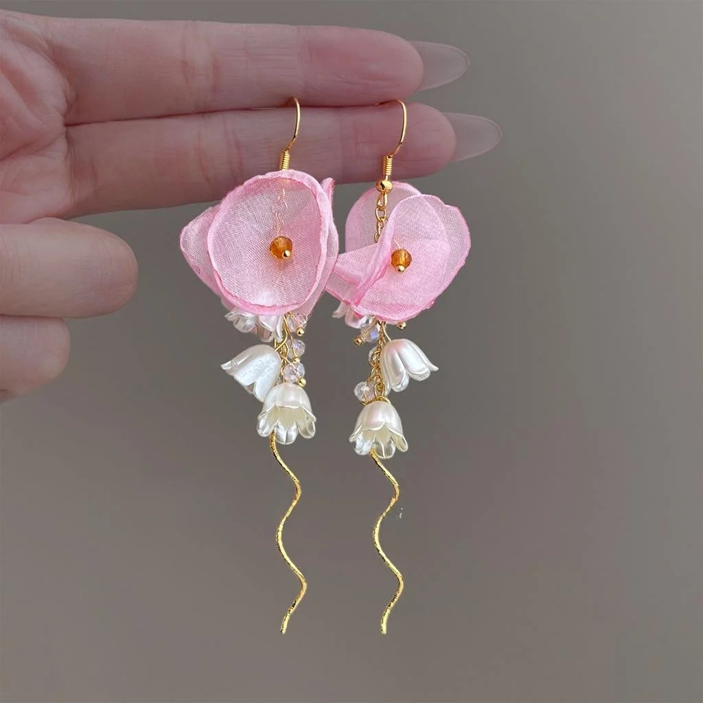 Handmade Copper Flower Tassel Drop Earrings For Women Sweet Summer Vacation Jewelry