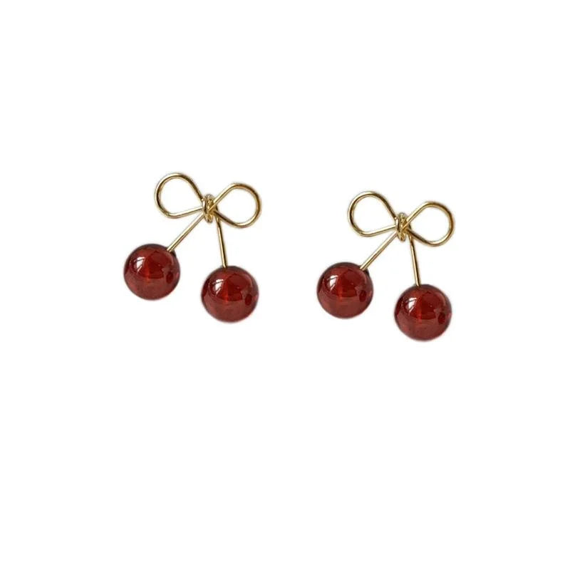 14K Gold Plated Garnet Small Cherry Stud Earrings Vintage French Korean Style Jewelry