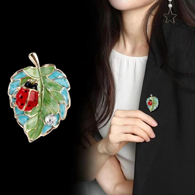 Cute Enamel Ladybug On Green Leaf Brooch With Rhinestone Accent, Elegant Lapel Pin Corsage Gift