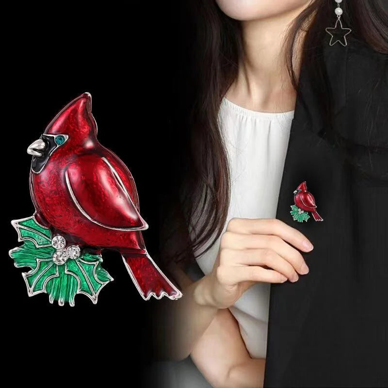 Cute Red Cardinal Bird Enamel Brooch With Rhinestone Holly Leaves, Elegant Animal Lapel Pin Gift