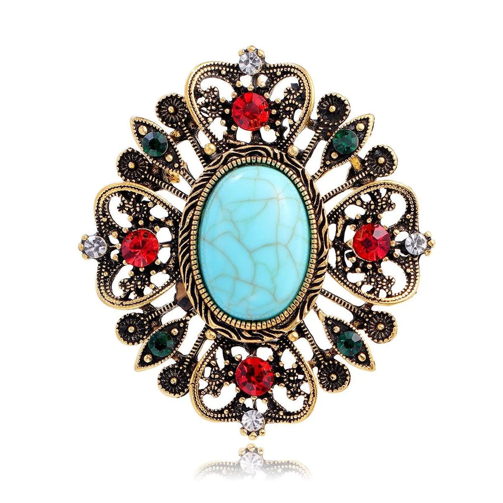 Vintage Baroque Turquoise Cabochon Rhinestone Alloy Brooch, Elegant Floral Lapel Pin Suit Accessory
