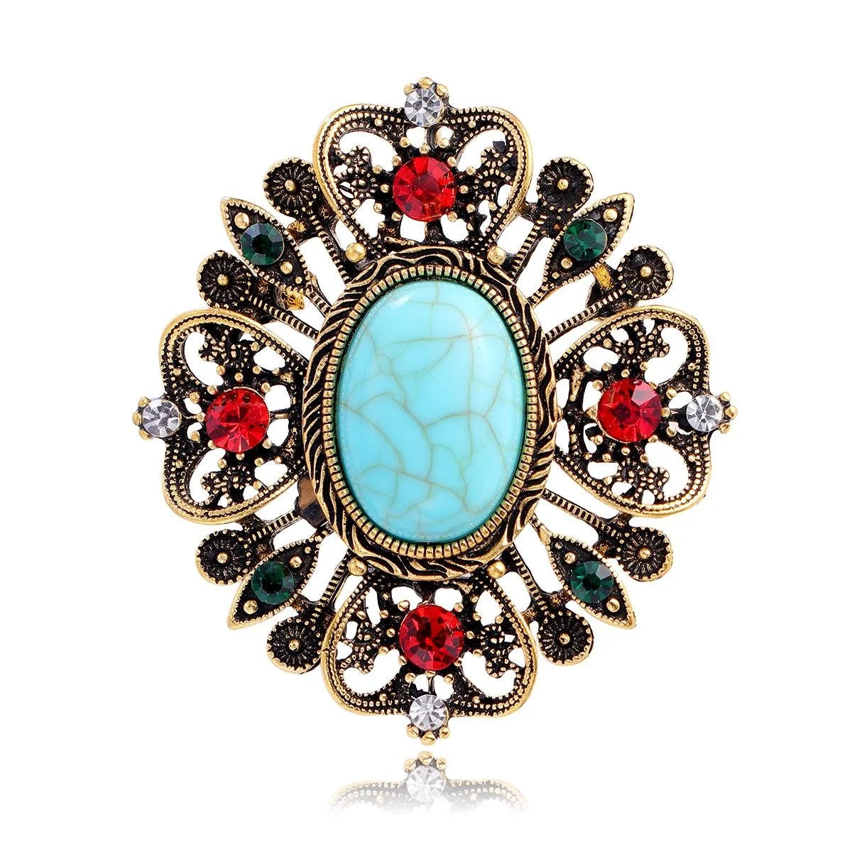 Vintage Baroque Turquoise Cabochon Rhinestone Alloy Brooch, Elegant Floral Lapel Pin Suit Accessory