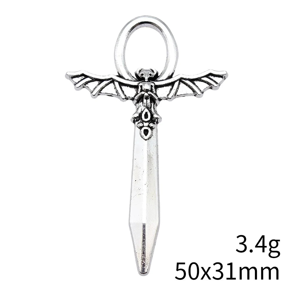 50x31mm 3.4g Antique Silver Zinc Alloy Gothic Bat Long Sword Cross Charm Pendant for DIY Jewelry