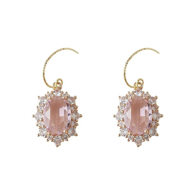 French Light Luxury Micro Pave Zircon Oval Pink Gemstone Drop Earrings For Women