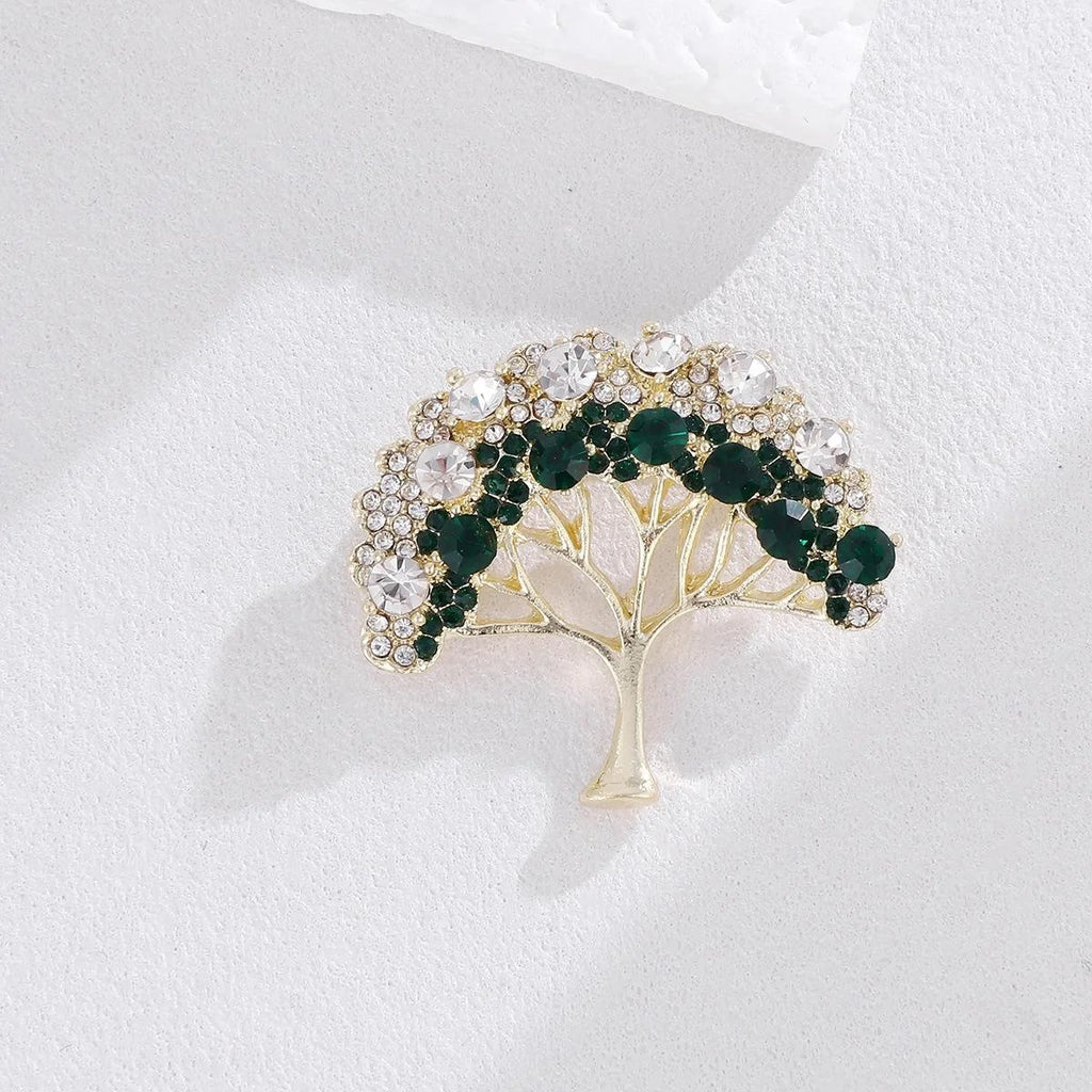 Elegant Fortune Tree Brooch With Green Zircon Rhinestones, Gold Alloy Lapel Pin Corsage For Women Suit Gift