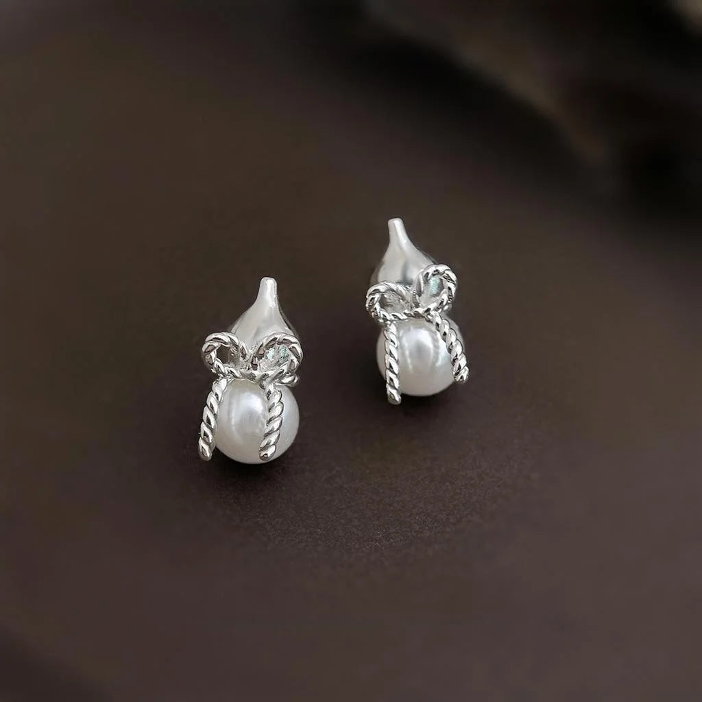 Original Design Copper Gourd Bowknot Stud Earrings Silver Plated Pin Minimalist Commuter Jewelry
