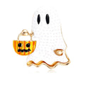 Cute Halloween White Ghost Holding Pumpkin Enamel Alloy Brooch, Festive Lapel Pin Corsage Gift