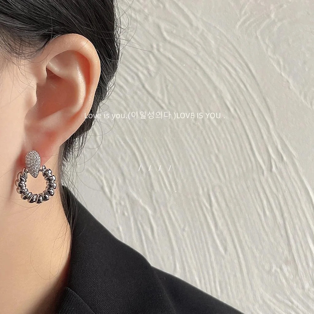 Silver Plated Metal Micro Pave Zircon Round Geometric Stud Earrings High-End Minimalist Style