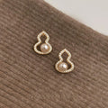 Light Luxury Copper Gourd Stud Earrings With Micro Pave Zircon, Pearl Accent