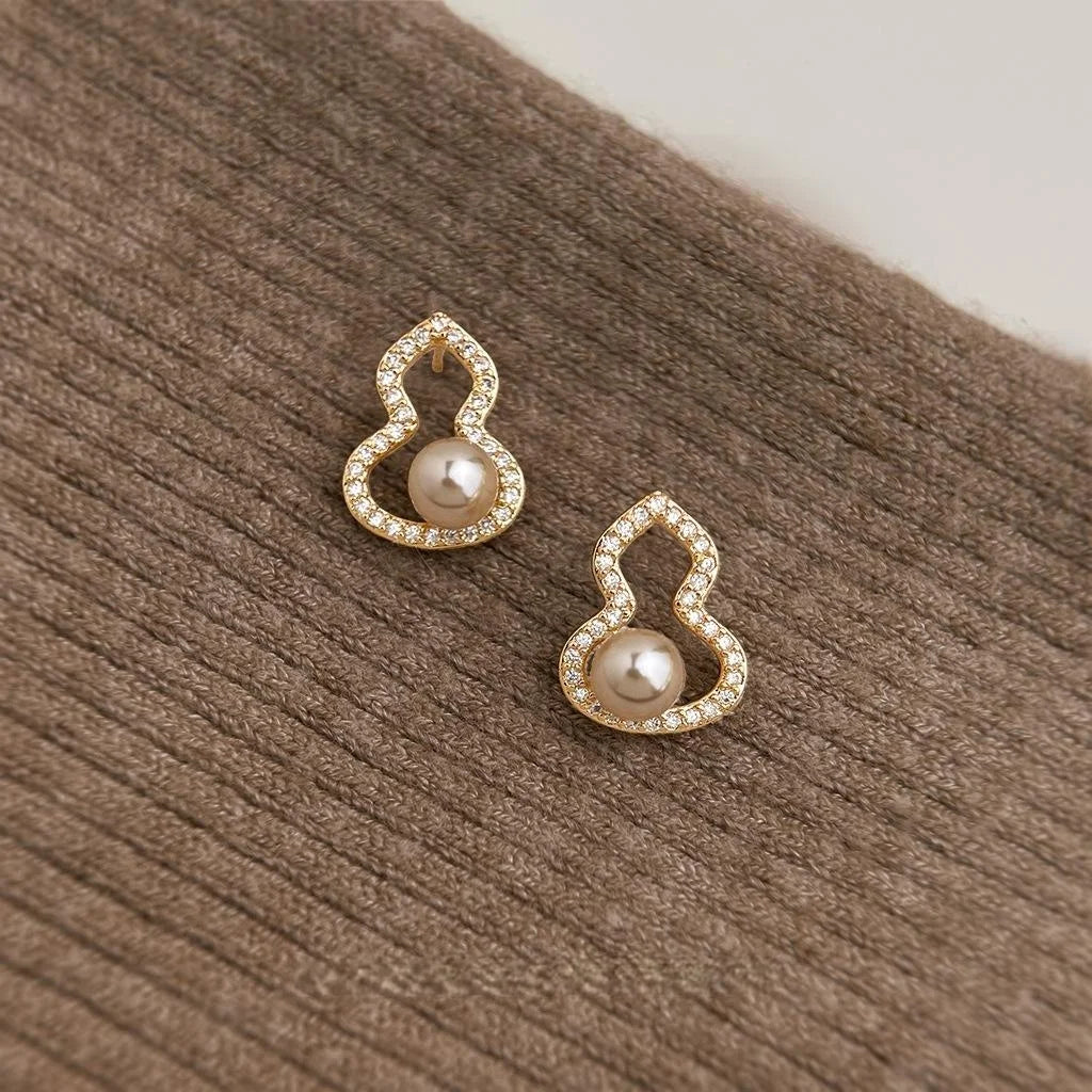 Light Luxury Copper Gourd Stud Earrings With Micro Pave Zircon, Pearl Accent