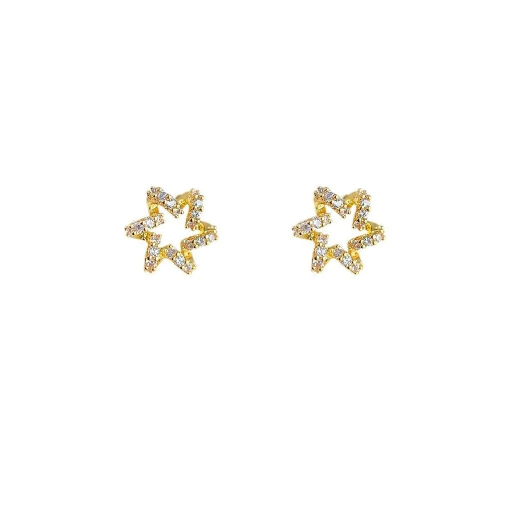 Premium 18K Gold Plated Copper Star Stud Earrings With Micro Pave Zircon Hollow Floral Design