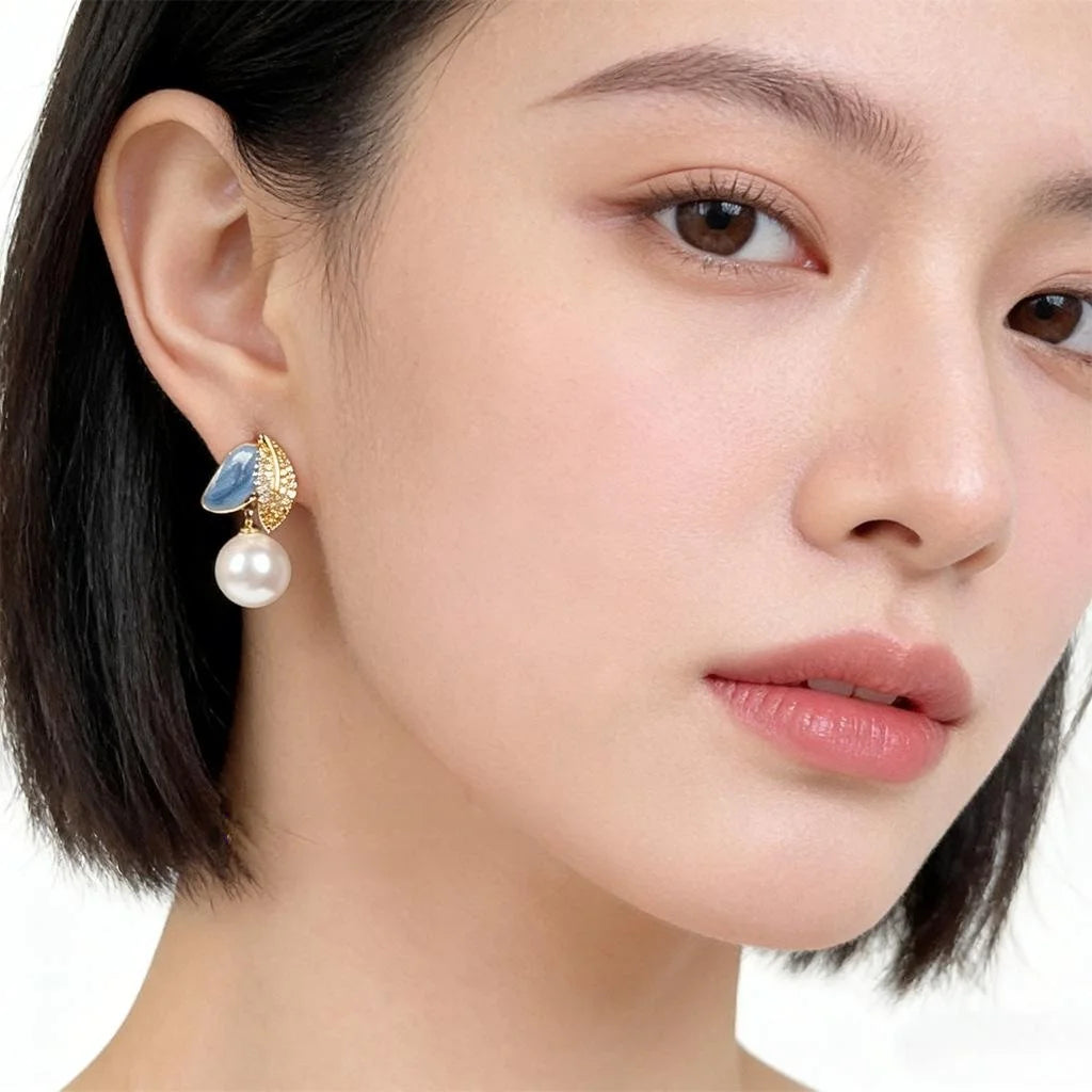Chic Asymmetric Floral Copper Drop Earrings With Enamel Petals, Zircon Pave And Glass Pearl