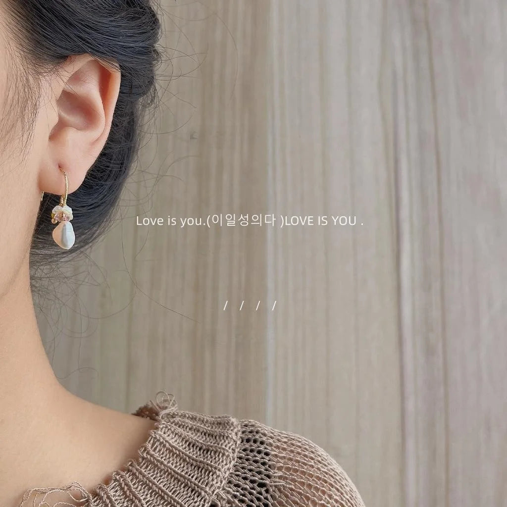 French Light Luxury Baroque Freshwater Pearl Floral Geometric Copper Drop Earrings