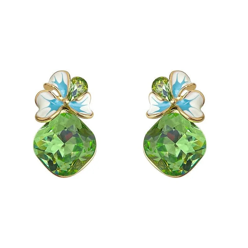 Fresh Sweet Fruit Green Glass Crystal Enamel Flower Stud Earrings With Silver Plated Pins