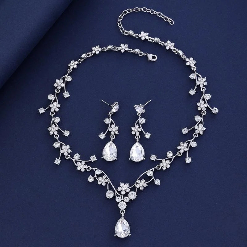 Luxury Bridal Crystal Flower Vine Necklace And Drop Earrings Jewelry Set, Silver Alloy Glass Rhinestone Wedding Jewelry