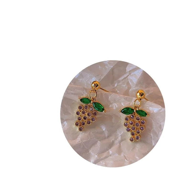 French Vintage Copper Zircon Grape Cluster Drop Earrings Sweet Fruit Design Jewelry