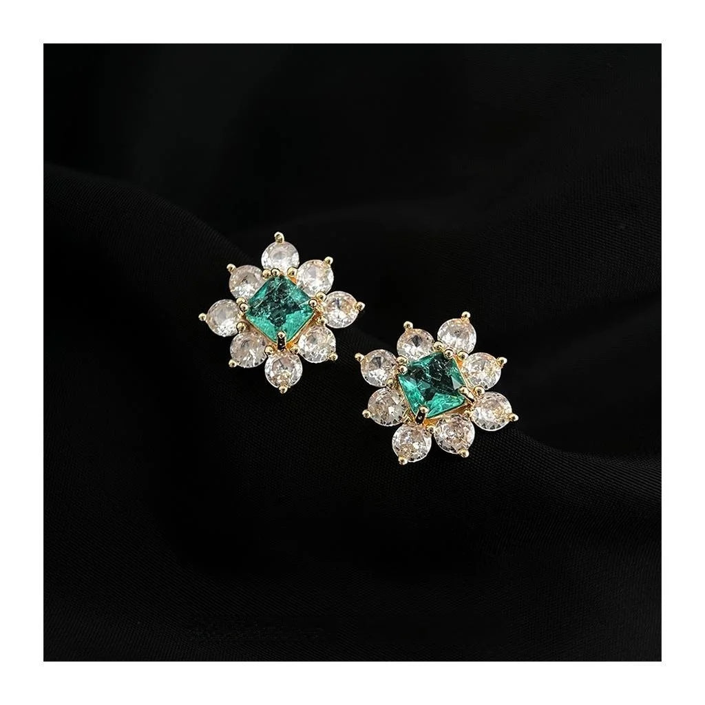 Ice Blue Zircon Flower Stud Earrings Copper Silver Plated Light Luxury Ear Jewelry