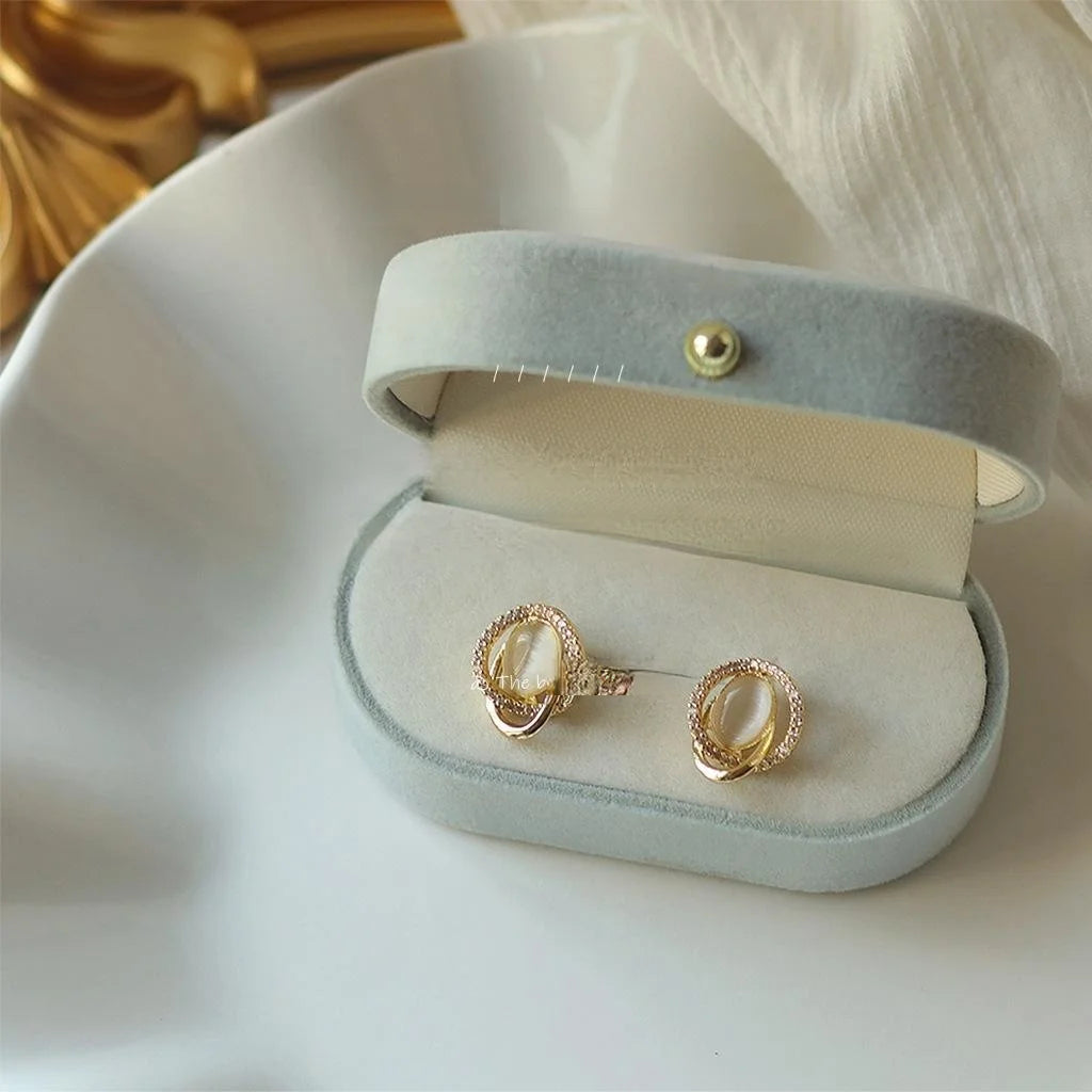 Moonlight White Cat Eye Zircon Stud Earrings 14K Plated Copper Geometric Round Luxury Jewelry