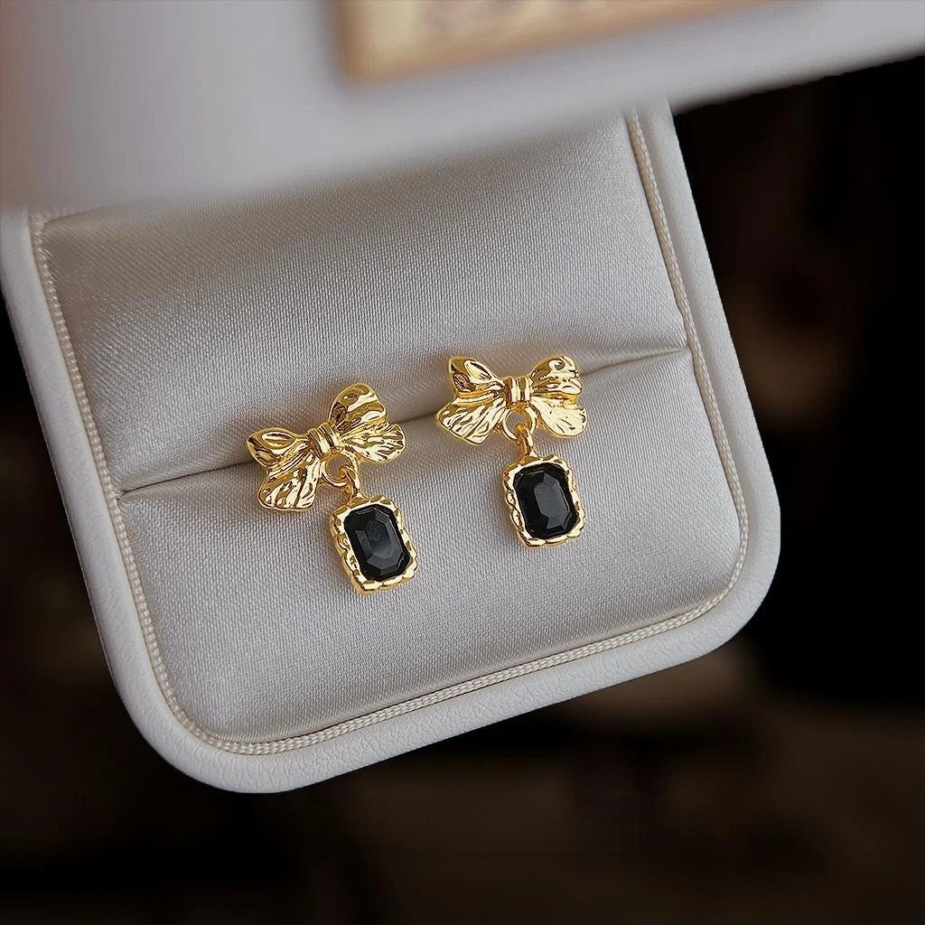 Sweet Cool 14K Plated Bow Glass Crystal Black Alloy Stud Earrings
