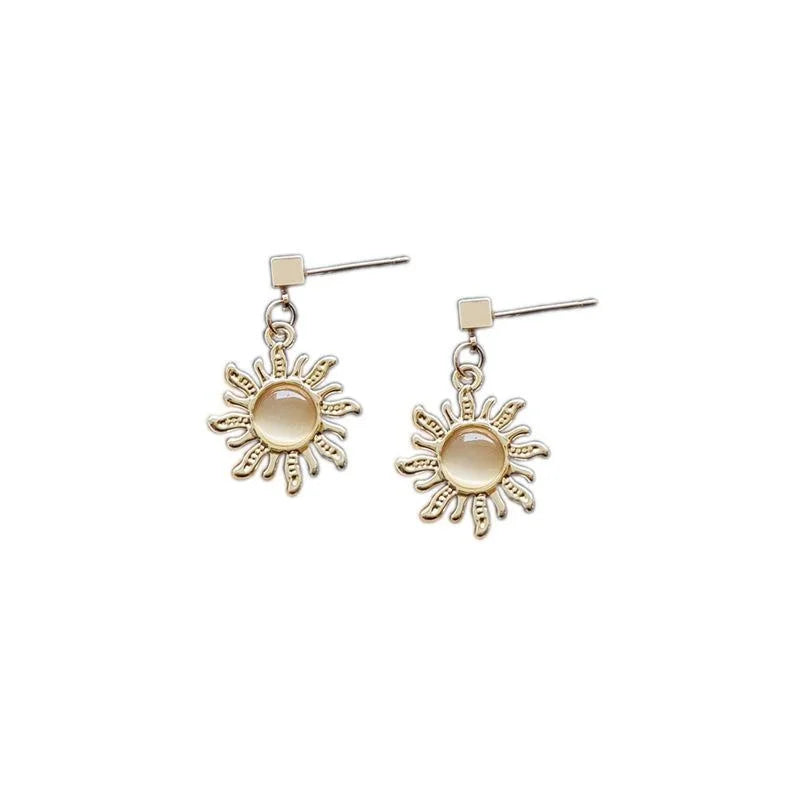Korean Fashion 14K Gold Silver Plated Alloy Sun Tear Cat Eye Stone Stud Earrings For Women