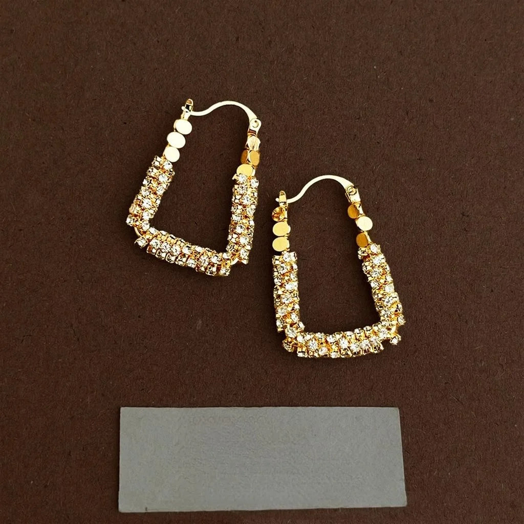 14K Gold Plated Copper Full Rhinestone Geometric Line Ring Drop Earrings For Light Luxury Commuter Style