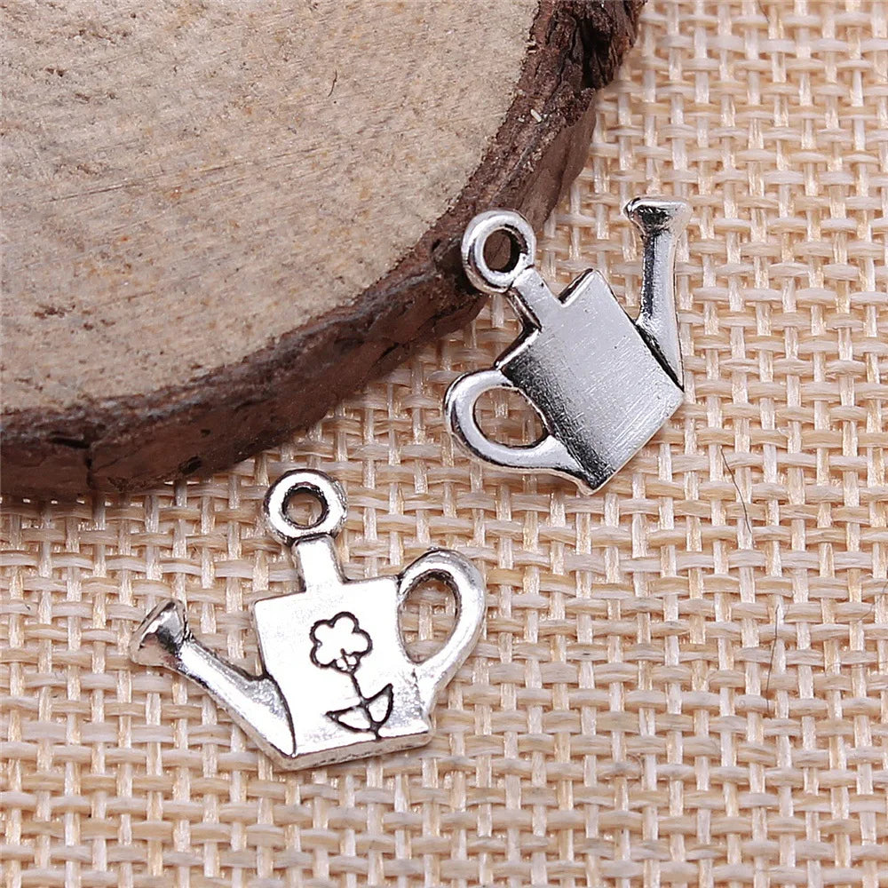 15x18mm 1g Antique Silver Zinc Alloy Watering Can Flower Charm Pendant for DIY Bracelet Necklace Making