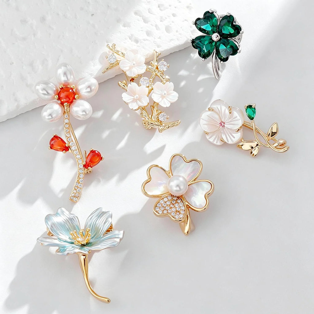 Luxury Rhinestone Flower Sunflower Cherry Brooch, Gold Alloy Lapel Pin Corsage Suit Accessory Gift