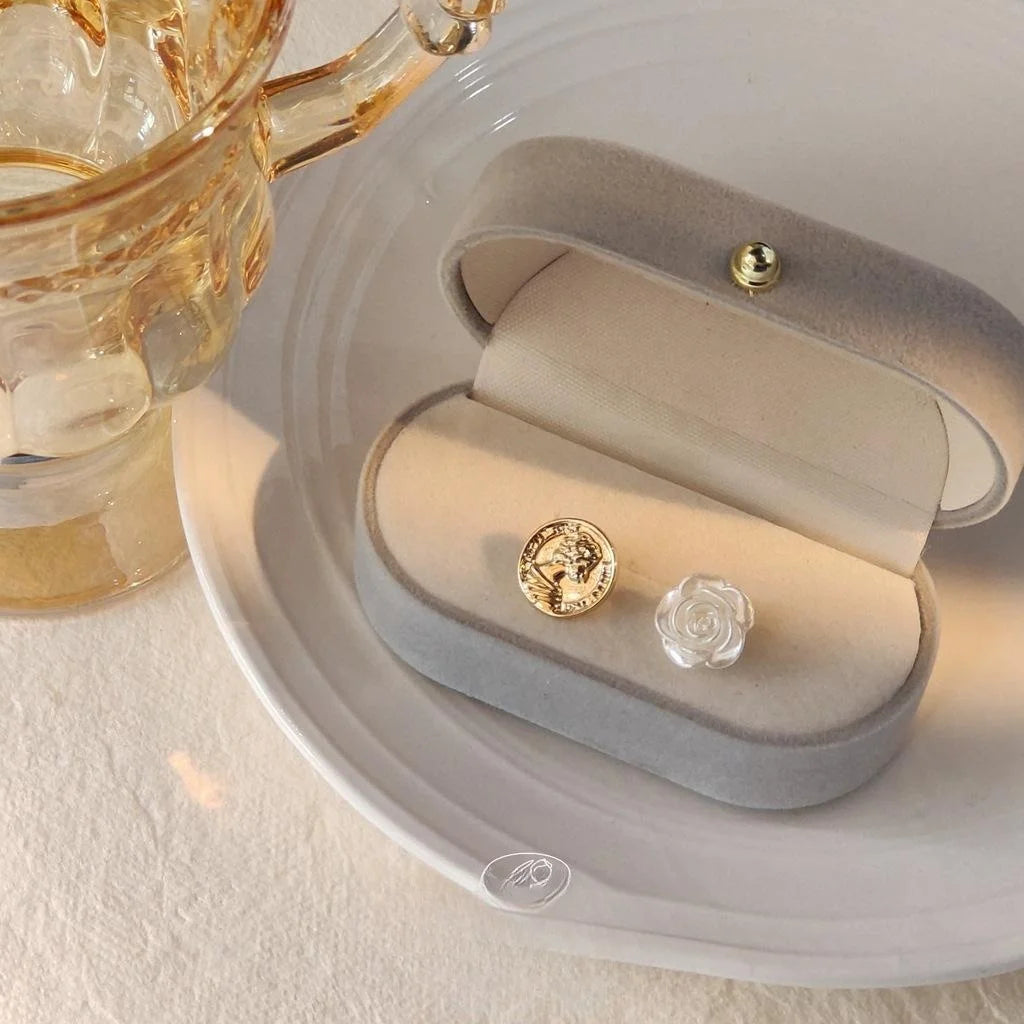 Asymmetric Coin And Rose Resin Stud Earrings With 14K Gold Plated For Women