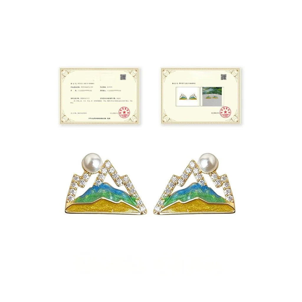 Silver Plated Geometric Pearl Zircon Stud Earrings Hand Painted Enamel Sun Mountain Design