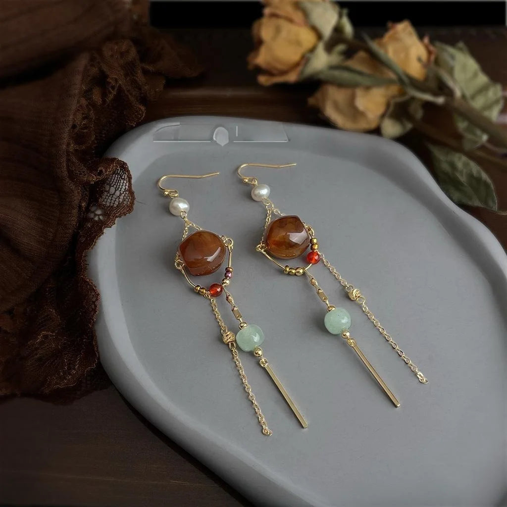 Maillard Style Copper Red Agate Aventurine Geometric Tassel Drop Earrings For Women