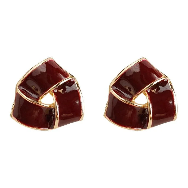 Vintage Red Woven Enamel Copper Triangle Geometric Stud Earrings Minimalist Elegant Jewelry