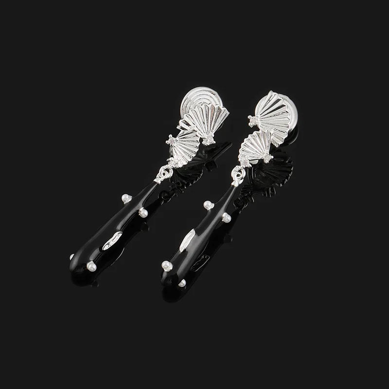 Vintage Chinese Fan Alloy Enamel Long Tassel Pearl Stud & Clip On No Piercing Qipao Earrings
