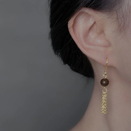 Handmade Wooden Geometric Tassel Drop Earrings for Women Vintage Maillard Style Long Jewelry