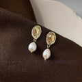 French Vintage Baroque Irregular Oval Freshwater Pearl 14K Plated Copper Handmade Stud Earrings