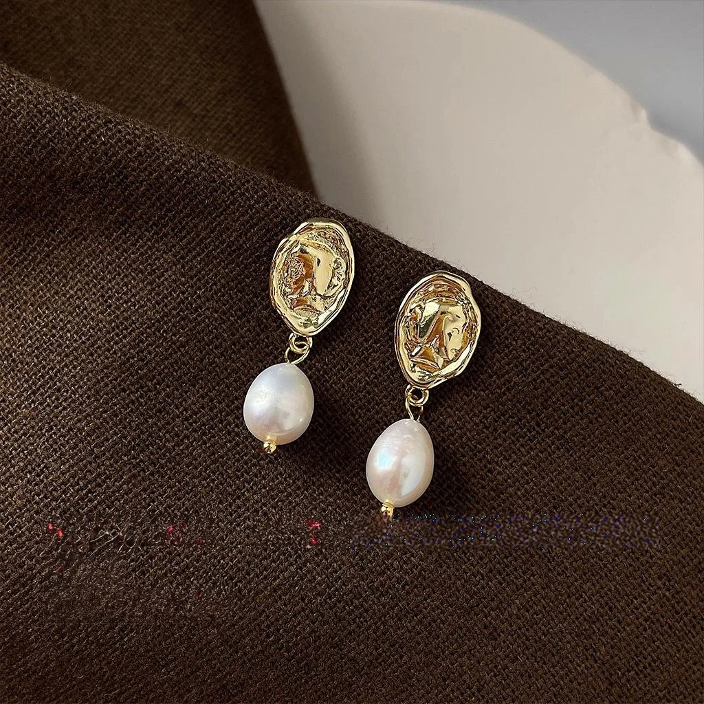 French Vintage Baroque Irregular Oval Freshwater Pearl 14K Plated Copper Handmade Stud Earrings