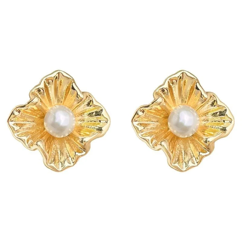 Elegant Luxury 14K Gold Plated Copper Freshwater Pearl Flower Stud Earrings