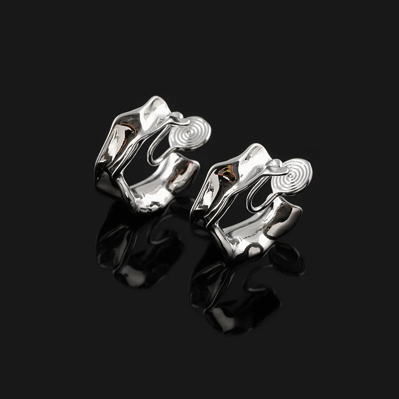 Irregular Crumpled Silver Alloy Hoop With Spiral Disc Stud & Clip On No Piercing Earrings