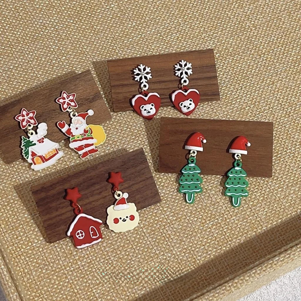 Cute Christmas Alloy Stud Earrings With Silver Plated Pins, Santa Snowflake Cartoon Design
